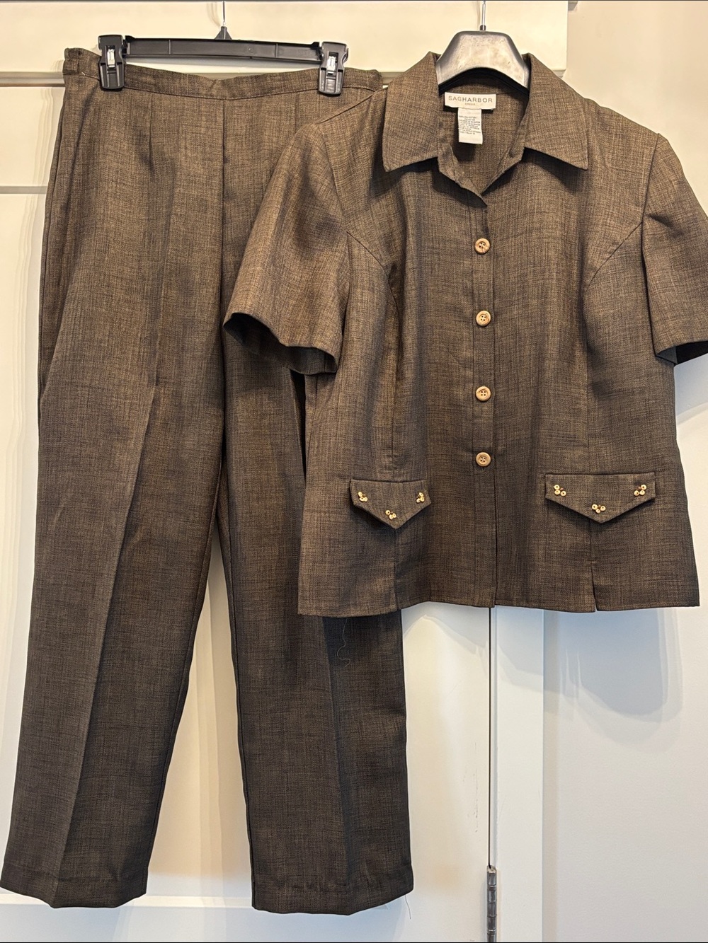 Sag Harbor Brown Short-Sleeve Pantsuit with Accent Buttons